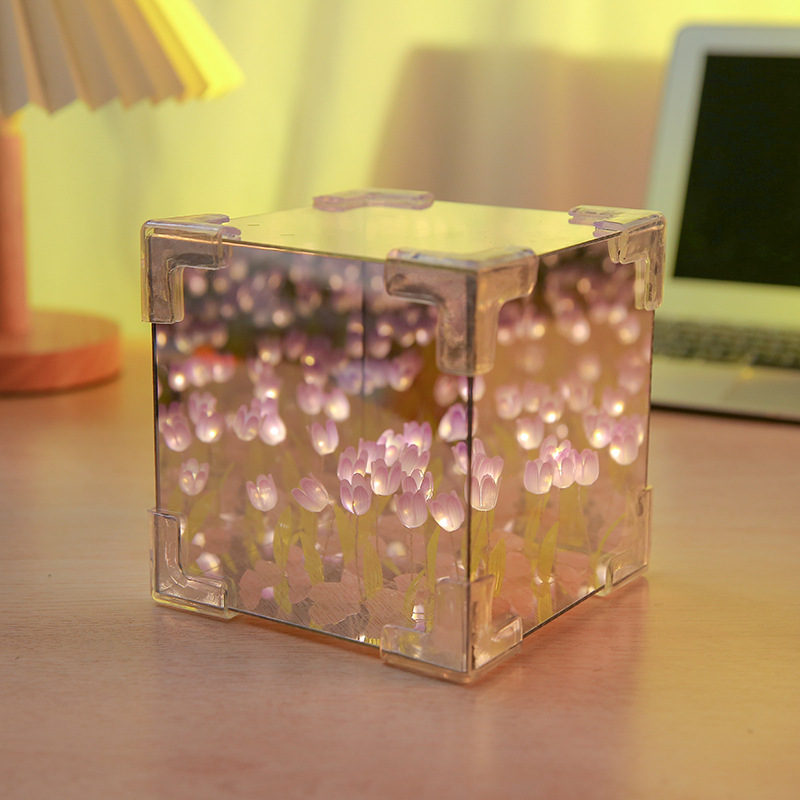 Creative Diy Tulip Flower Sea Cube Three-Dimensional Small Night Lamp Material Package for Girlfriend Couple Girlfriends Three-Eight Gift