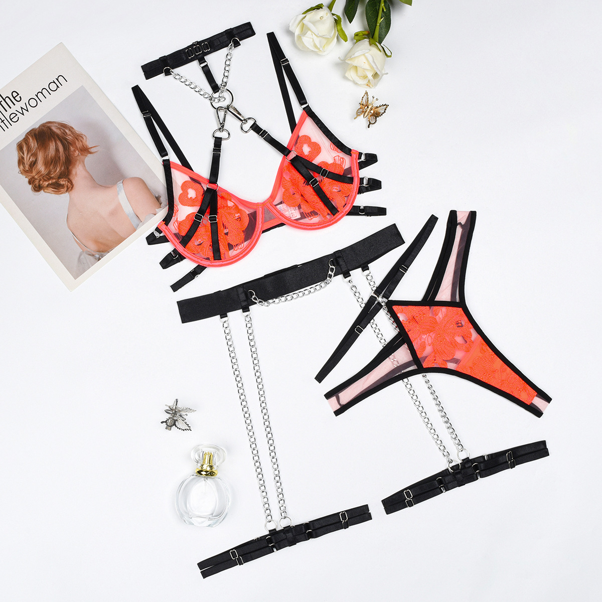 Independent Station Cross-Border New Arrival Embroidered Mesh Splicing Detachable Contrast Color Sexy Lingerie Neck Ring Garter Suit for Women