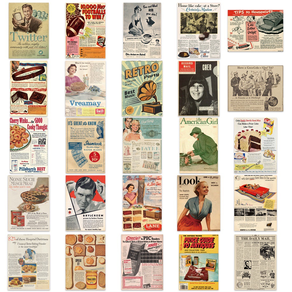 50张欧美复古杂志贴画怀旧防水贴纸装饰手机壳笔记本电脑行李箱贴