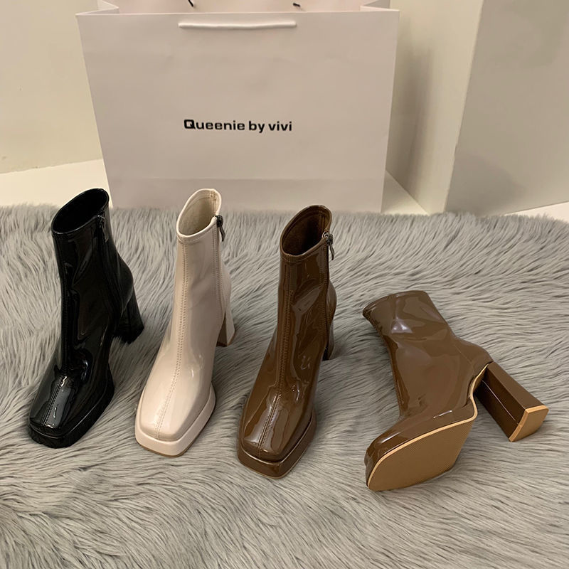 高跟方头法式气质瘦瘦短靴女鞋2024年新款秋冬季加绒白色马丁靴子