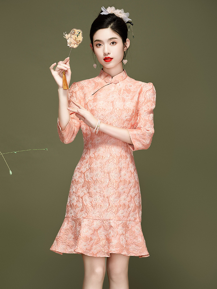 新中式女装春装2024年新款中国风荷叶边短款改良旗袍连衣裙230525