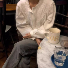 【现货】韩国春季2024年新款时尚百搭气质圆零系带蕾丝边衬衫上衣