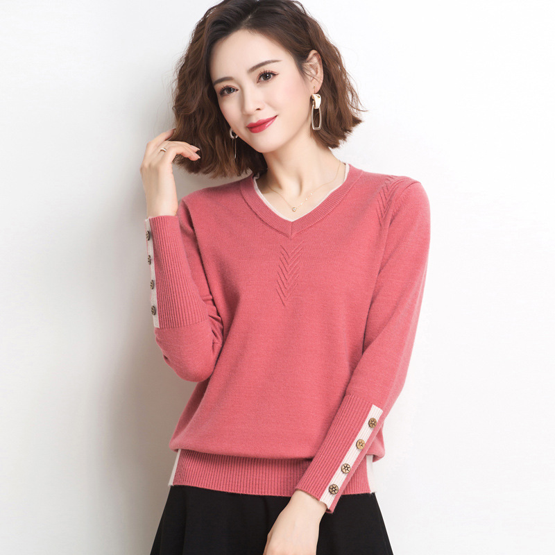 丝光棉羊毛衫2021秋冬毛衣女针织衫宽松外穿v领洋气秋冬羊绒打底