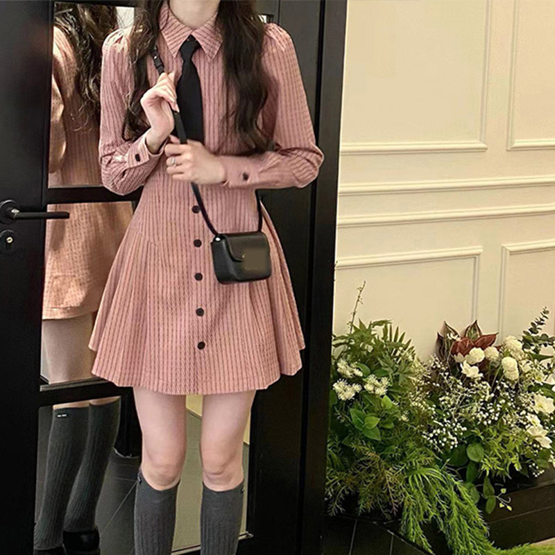学院风长袖连衣裙女条纹日系甜美气质jk制服套装超火收腰显瘦裙子