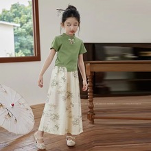 女童夏季新中式国风套装2024新款洋气盘扣短袖儿童长裤俩件套夏装
