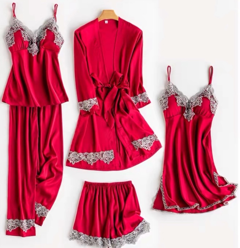 Spring and Summer Pajamas Women's Ice Silk Thin Five-Piece Set Sexy Sling Nightdress Large Size Loose Nightgown with Chest Pad Home Wear