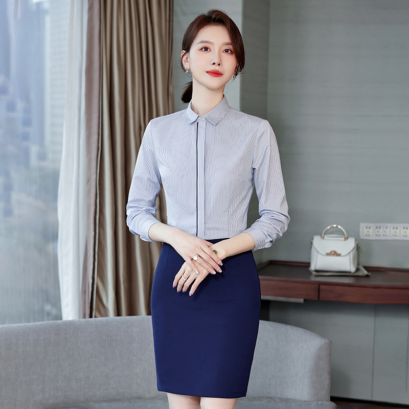 职业女装竹纤维蓝色条纹长袖衬衫套装商场导购酒店医美前台工作服