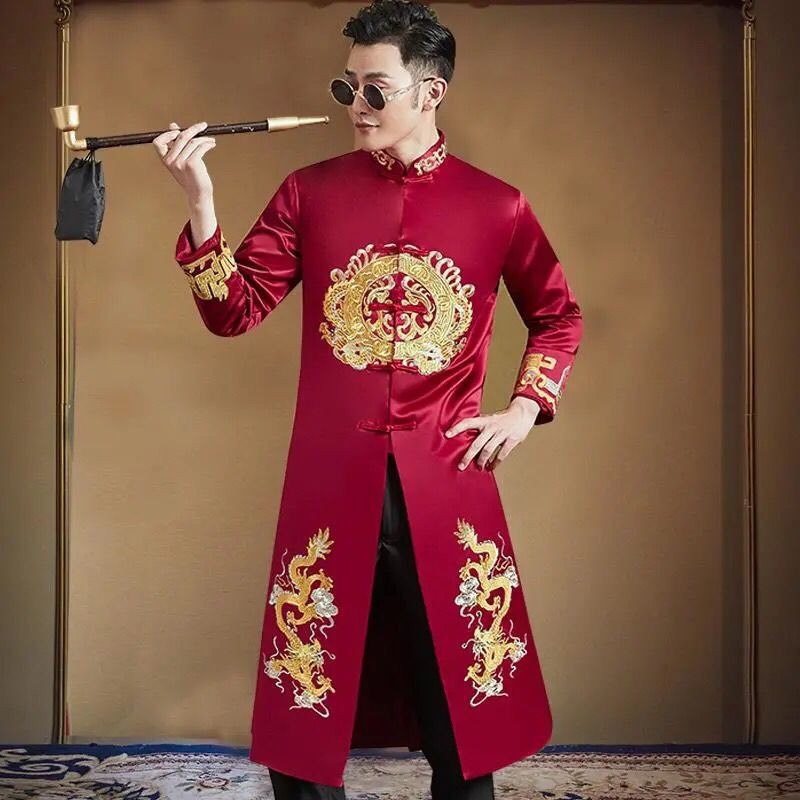 龙凤褂酒红色秀禾服男装新款中式结婚礼服新郎接亲服男士秀和服男