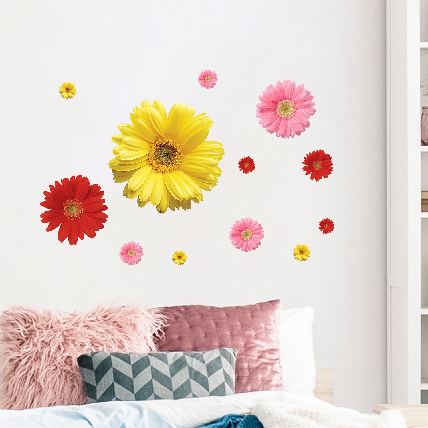 跨境亚马逊各色菊花贴画爆款装饰画自粘房间卧室温馨贴纸布置墙贴