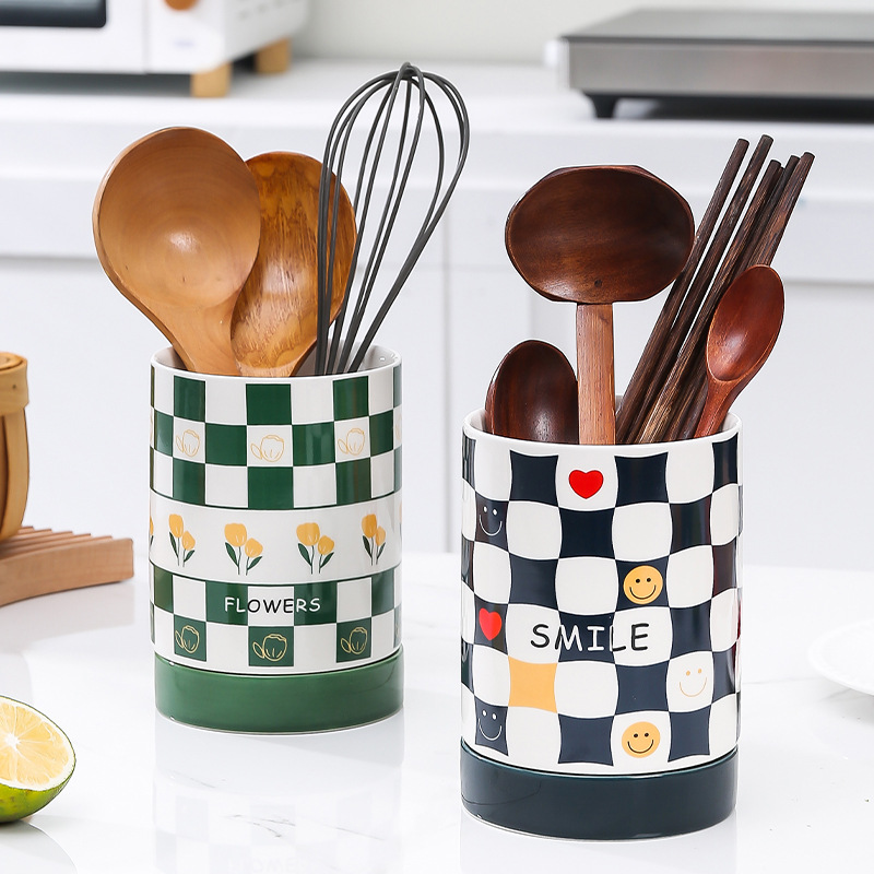 New Chessboard Grid Ceramic Chopsticks Holder Household Knife and Fork Chopsticks Draining Basket Retro Tulip Kitchen Storage Chopsticks Box