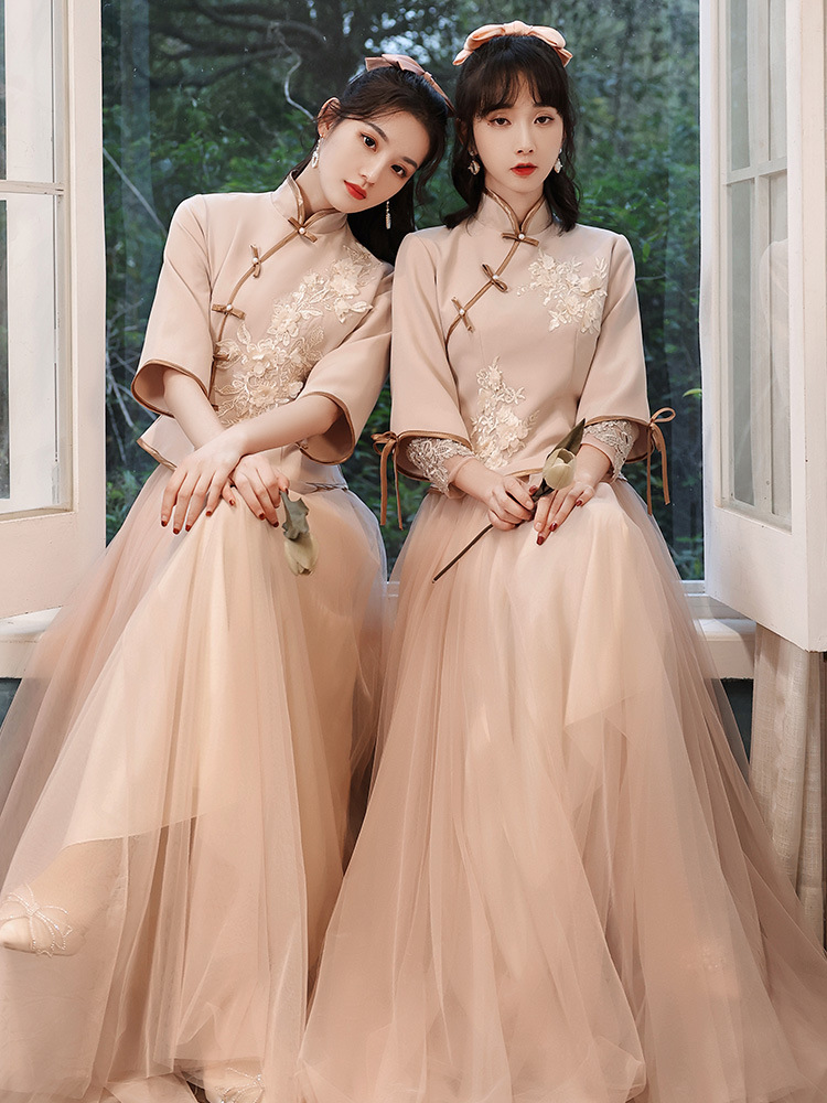 中式婚礼伴娘服夏季简约中长款平时可穿宴会气质姐妹团礼服女春秋