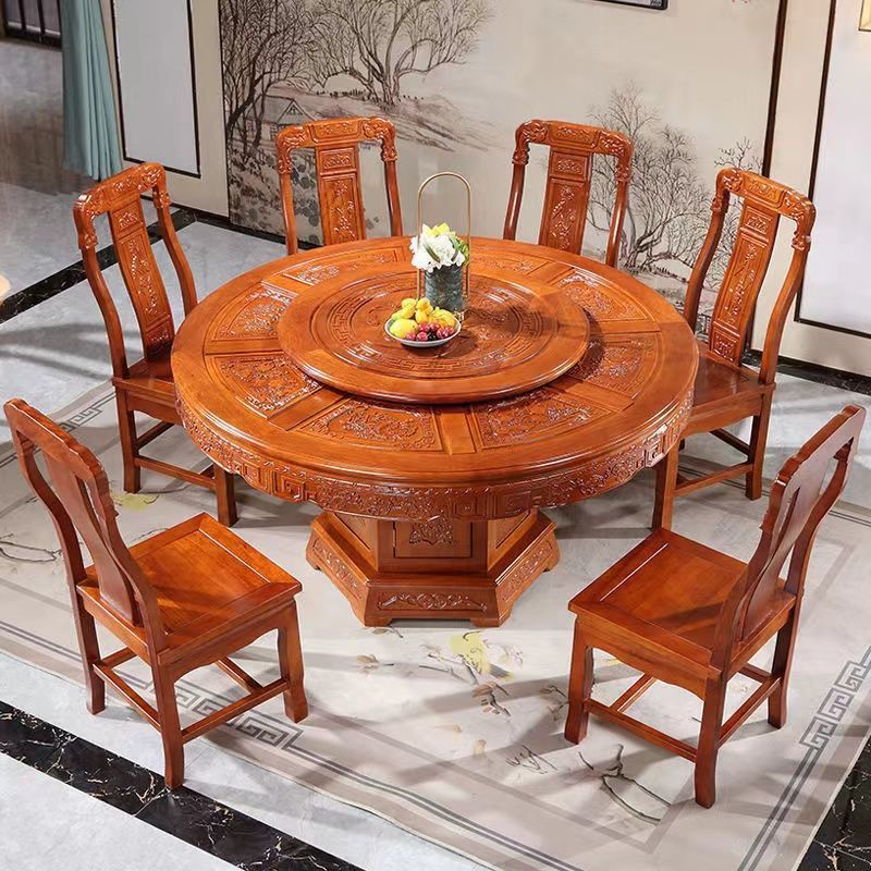 红木餐台实木圆形餐桌椅组合吃饭桌子圆桌仿古饭桌花梨木明清古典