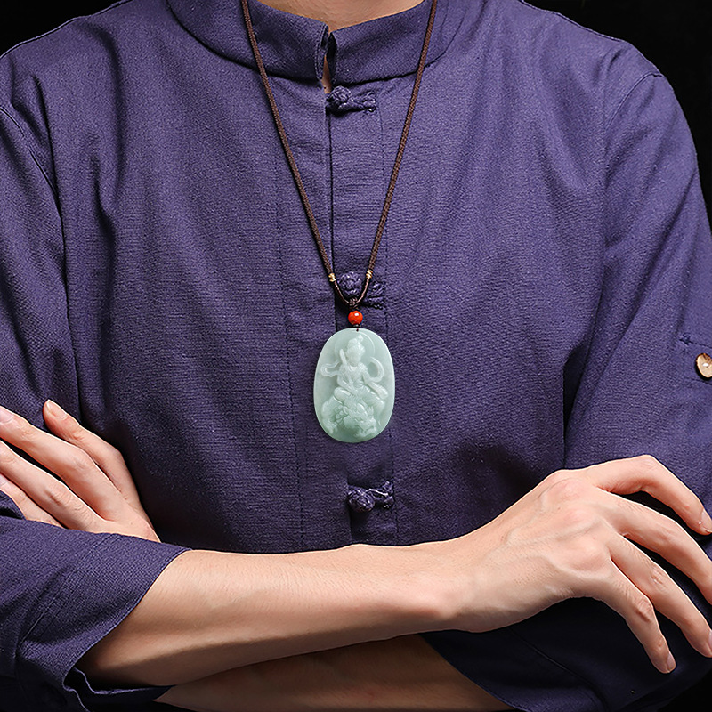 天然缅甸a货翡翠文殊菩萨佛像吊坠冰种玉石挂件男士项链女款玉坠