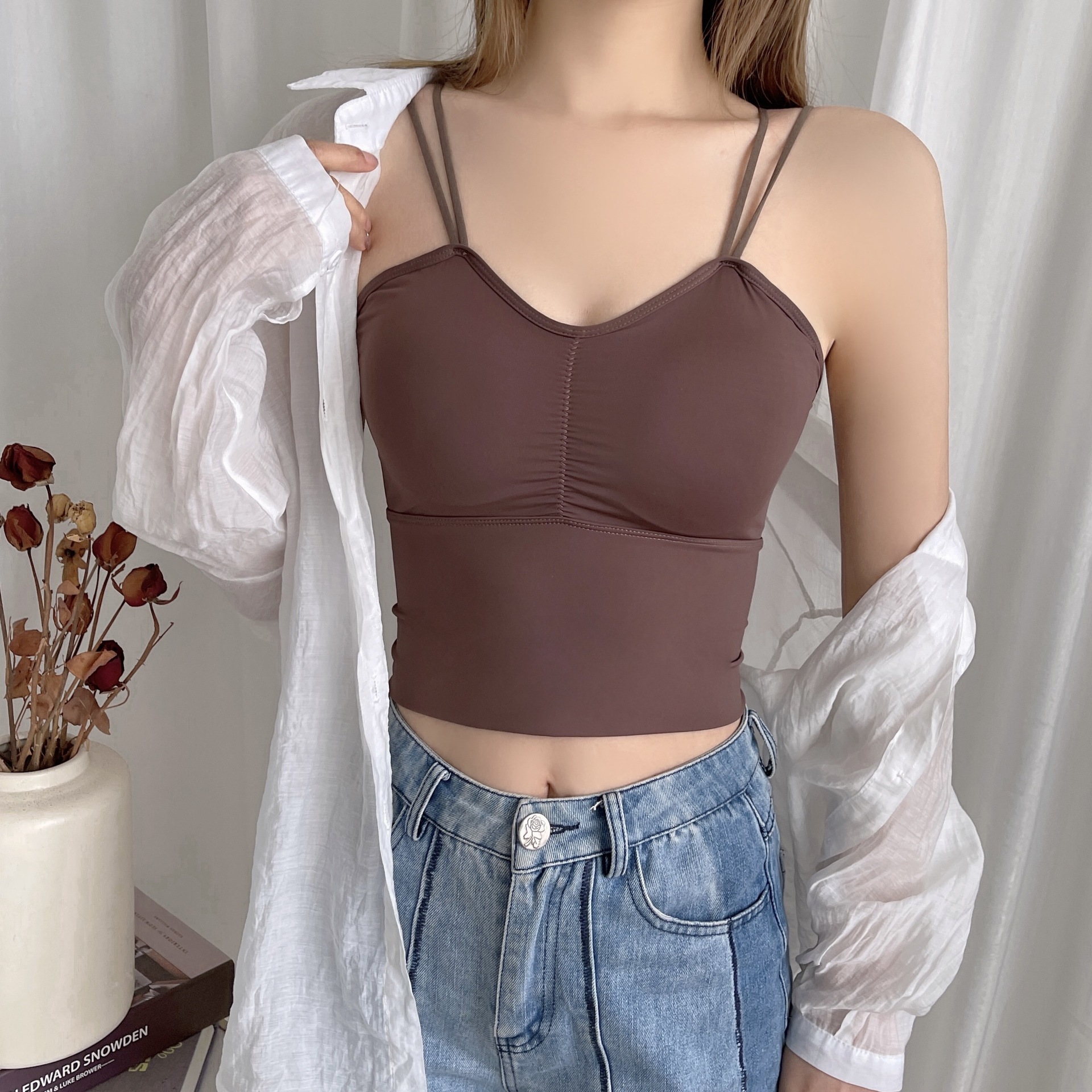 2023 Spring and Summer New Ice Silk Back Shaping Strap French Style with Chest Pad Hot Girl Outer Wear Tube Top Underwear Tube Top Underwear