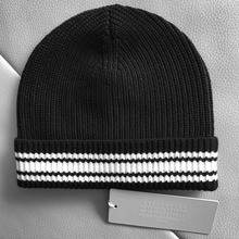 秋冬冷帽原创黑白条纹针织毛线帽ins经典四角标缝线圆顶潮流帽子