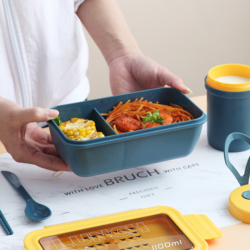 Double Grid Lunch Box Tableware Microwave Oven Heating Food Grade Pp Plastic Lunch Box Office Worker Lunch to-Go Box Cross-Border
