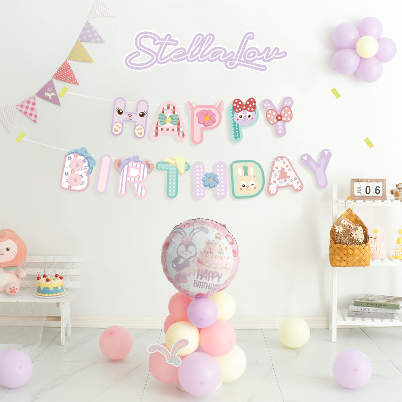 StellaLou Theme Happy Birthday Letter Banner Hanging Flag Children Girl Birthday Decoration Bunny Bunting Pendant