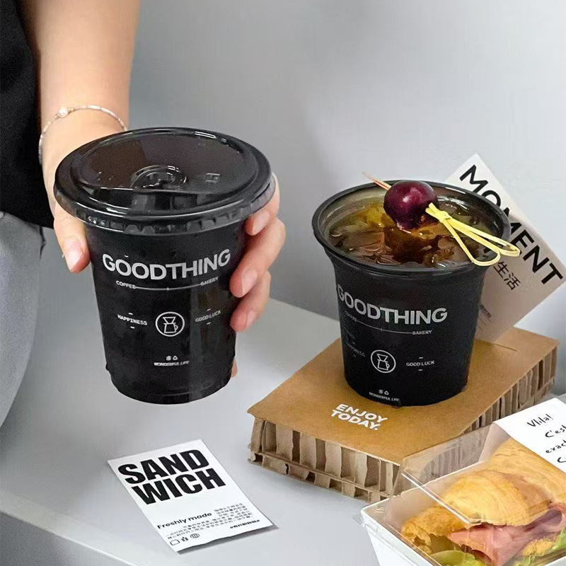 98口径一次性咖啡杯PET冷饮杯加厚高透拿铁美式杯带盖黑色咖啡杯