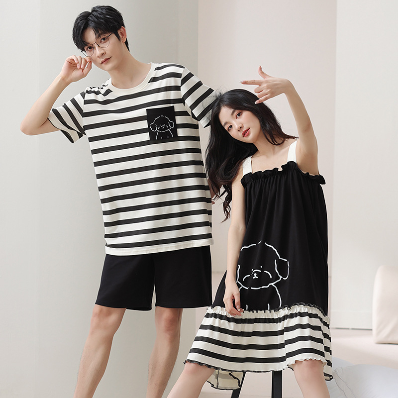 睡衣情侣装一男一女夏季纯棉吊带睡裙家居服卡通可爱薄款夏天套装