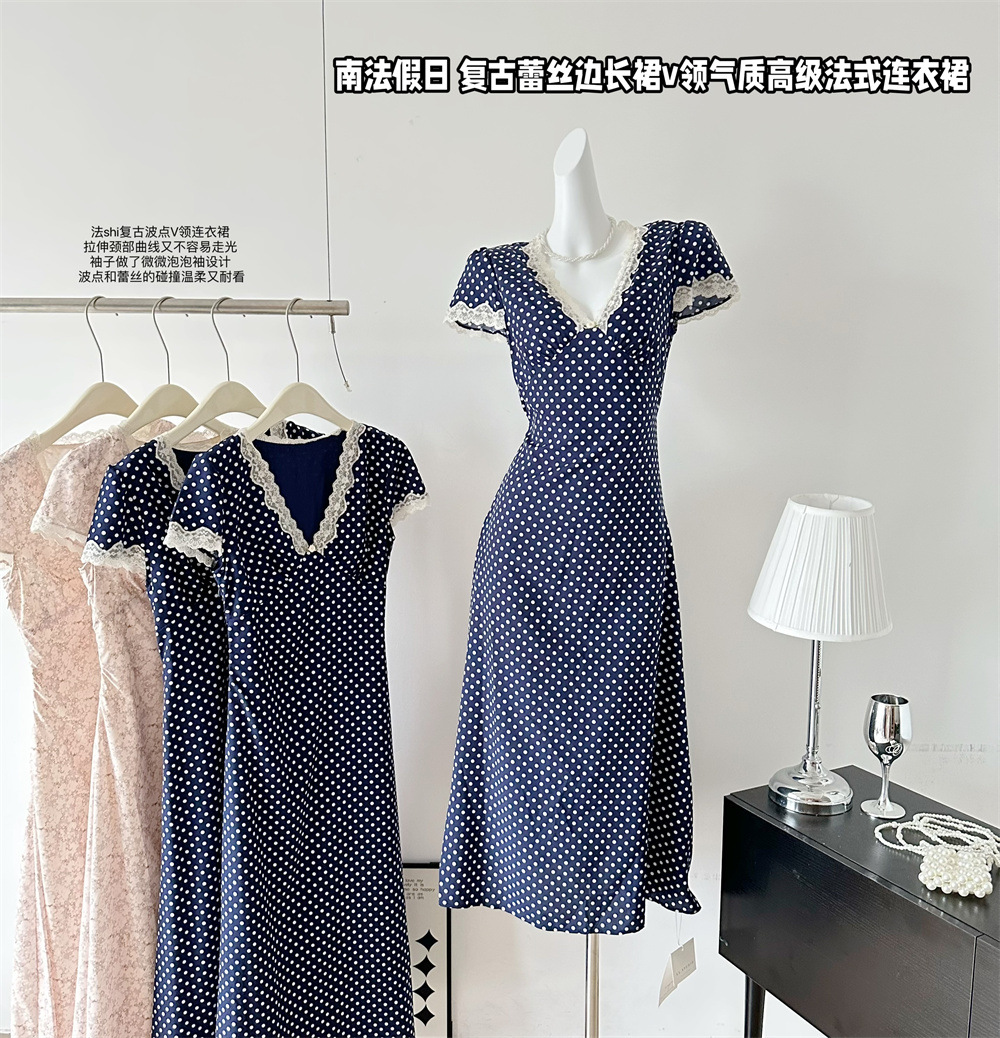 like eve 私服复古蕾丝边长裙v领气质法式连衣裙女-阿里巴巴