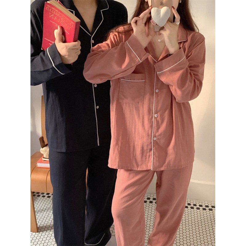 韩国ins女外贸春秋情侣睡衣韩版简洁纯色加密棉纱睡衣家居服套装