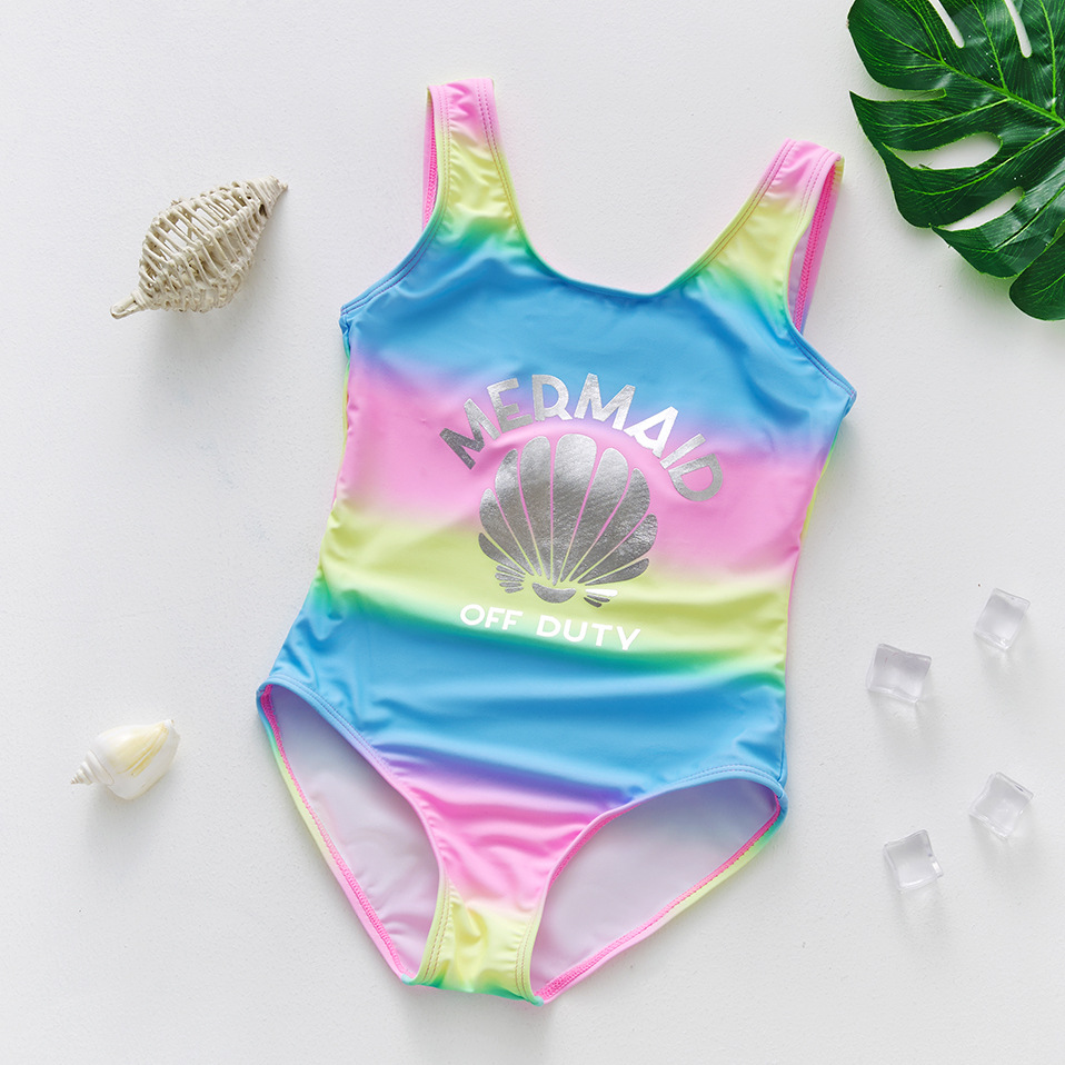 Spot Children's Swimsuit Girls' Rainbow Three-Color Gradient One-Piece Swimsuit Offset Shell Girls Swimwear