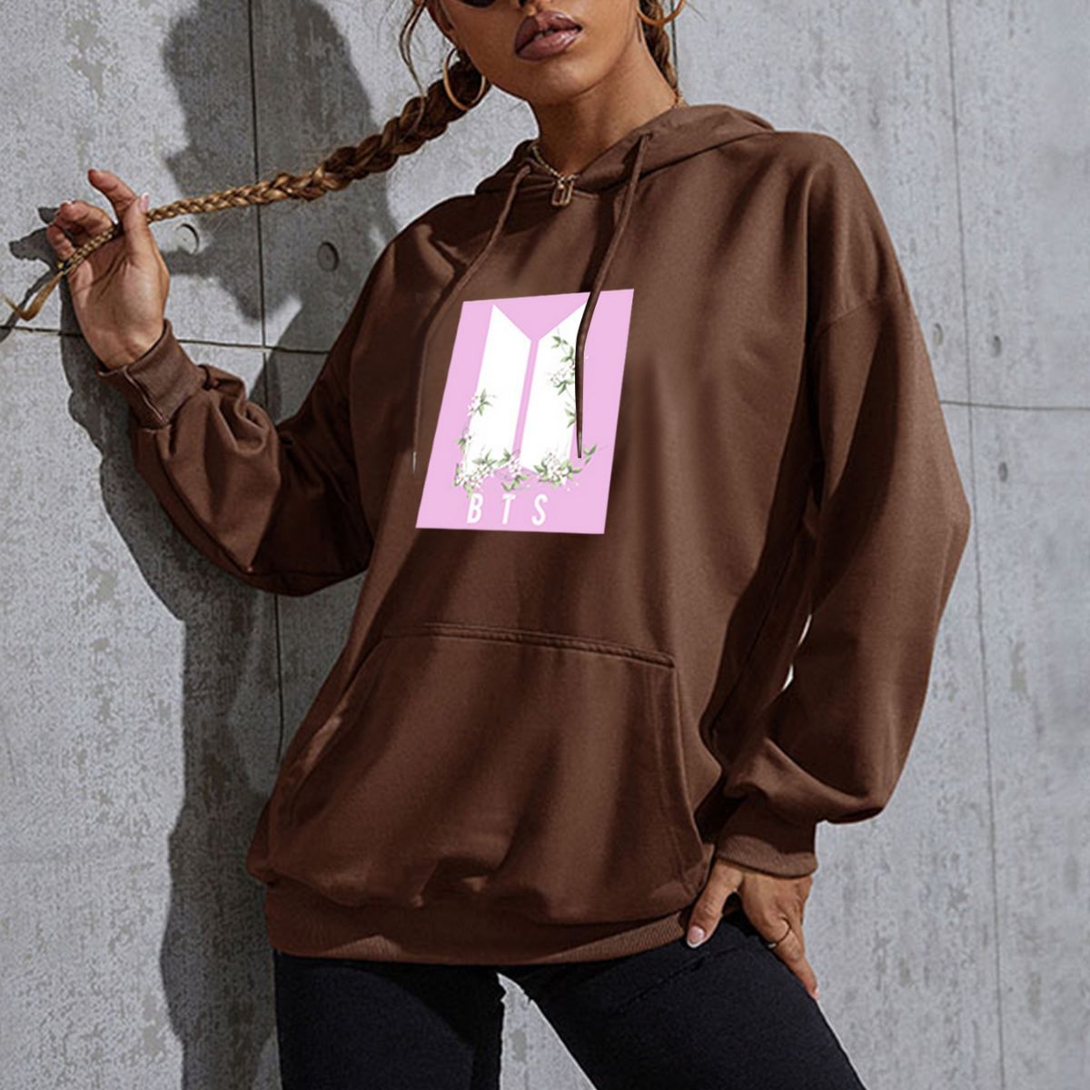 跨境外贸秋女装韩国album bts butter男团印花后包领加绒连帽卫衣