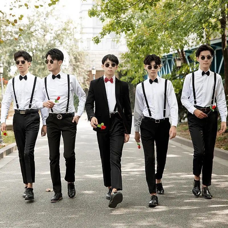 西式伴郎服团装接亲服衬衫背带裤马甲三件套装男新郎结婚礼服