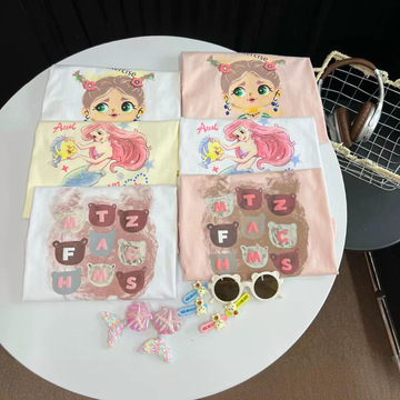 ins纯棉夏季女童卡通短袖t恤圆领创意t恤个性小女孩休闲上衣韩国