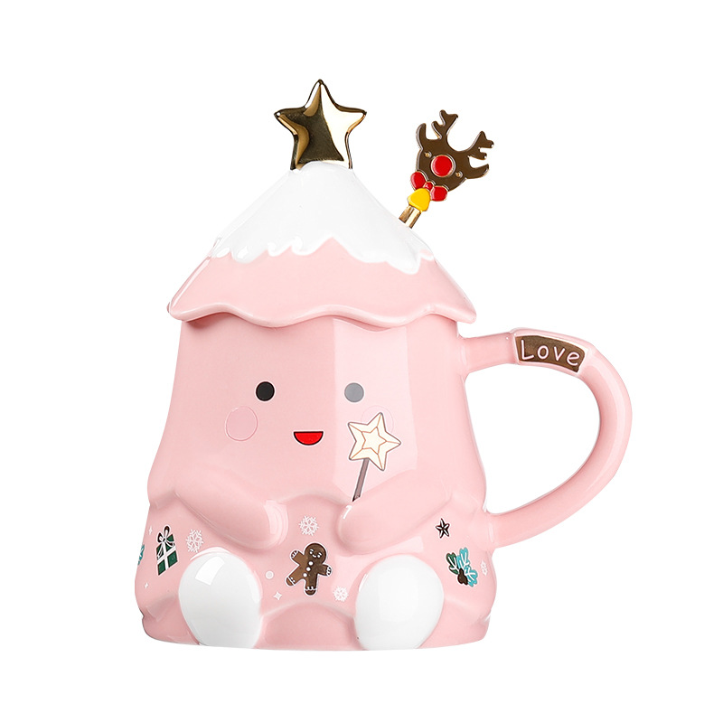 New Christmas Elk Ceramic Cup Creative Mug with Cover Spoon Business Cross-Border Gifts Practical Cartoon Cup