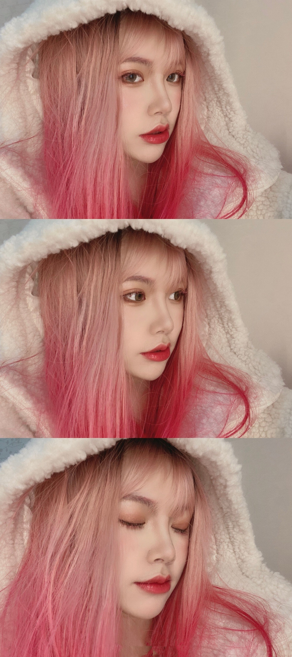 粉色渐变假发女长直发《暴走粉熊》洛丽塔齐刘海整顶全头套