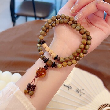 老料绿檀木佛珠手串女森系檀香百香籽学生手链名族风手饰情侣款