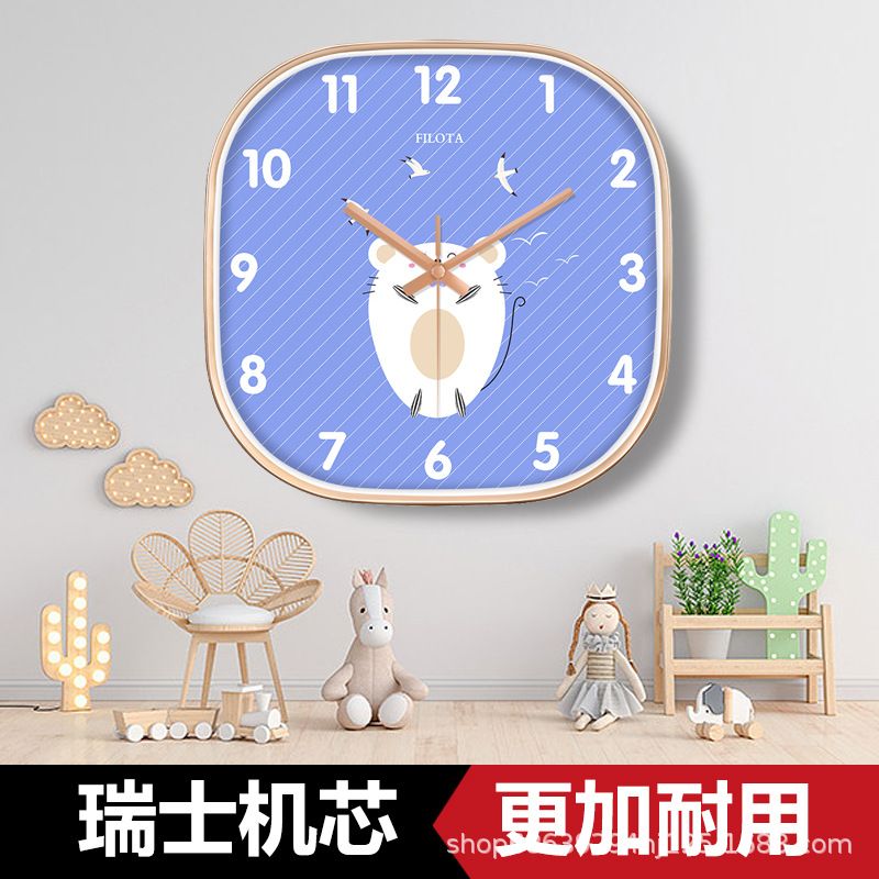 方形卡通挂钟客厅高端自动对时家用餐厅时钟儿童房挂墙可爱钟表