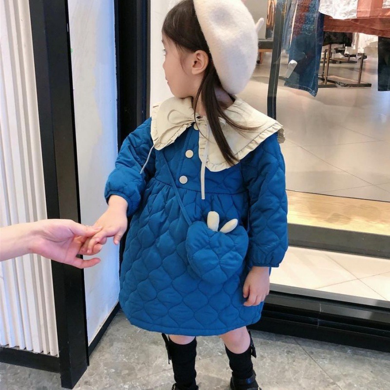 跨境女童夹棉2022秋冬新款小女孩洋气加厚公主裙宝宝保暖小棉袄