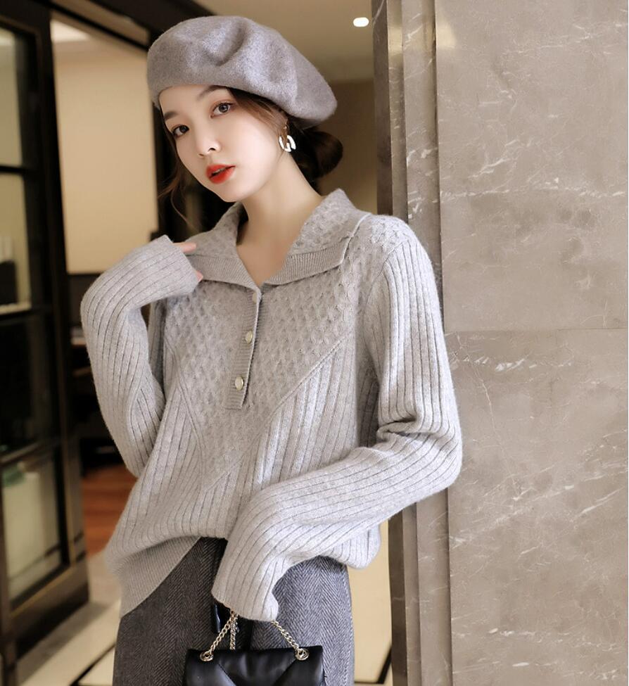 洋气气质法式时尚针织衫花式立体针法珍珠扣显瘦翻领全羊毛毛衣女