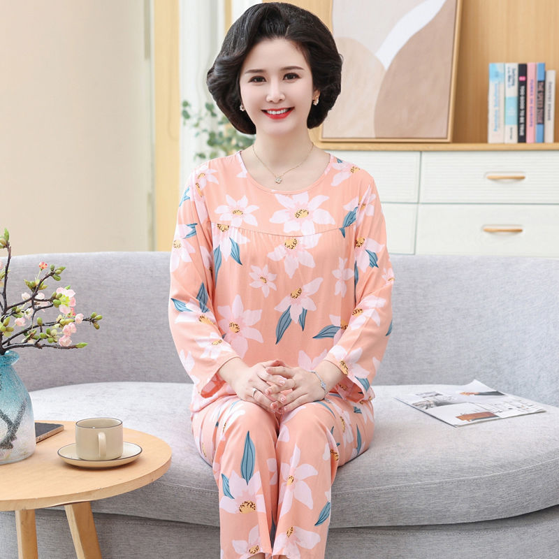 妈妈两件套装中老年棉绸睡衣女夏季人造棉家居服绵绸长袖老人宽松