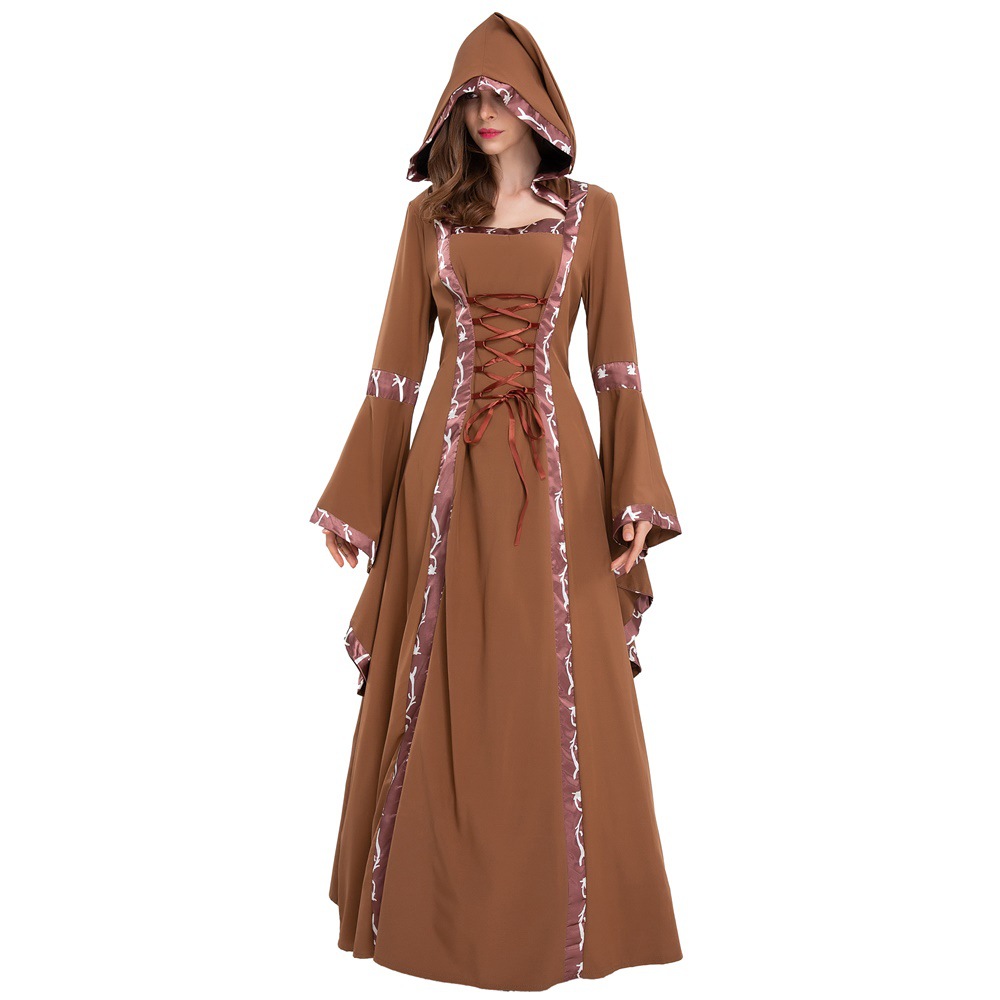 外贸欧美中世纪复古连帽连衣裙方领系带喇叭袖大摆裙舞台剧表演服
