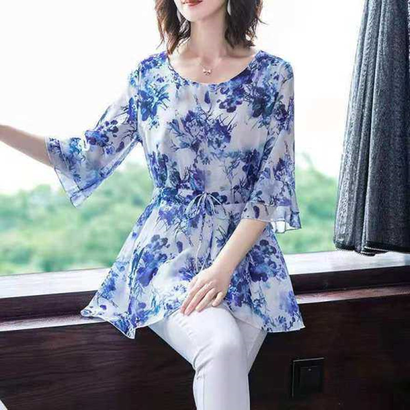 2023 Summer Middle-Aged and Elderly Women's Dress Floral Women's T-shirt Fashionable Loose Mid-Length Ice Silk Top