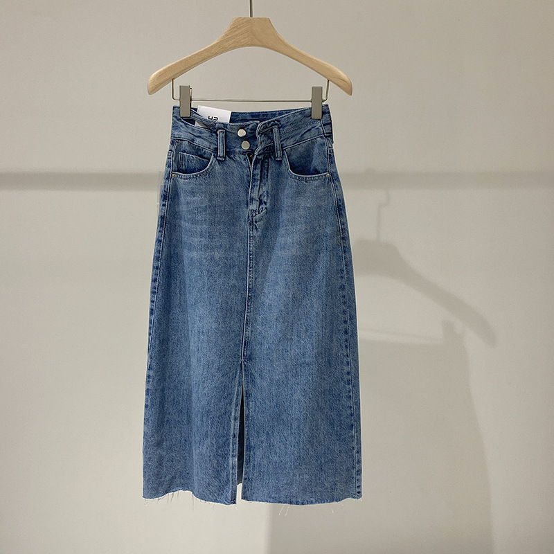前开叉水洗磨白牛仔半身裙女2021秋季韩版高腰显瘦直筒中长裙9711