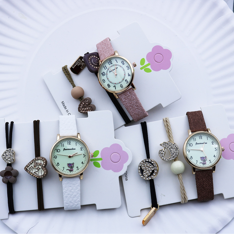 Cross-Border Hot Sale Set Student Watch Women's Digital Quartz Leather Watch Luminous Watch Ornament Rubber Band Random 3P