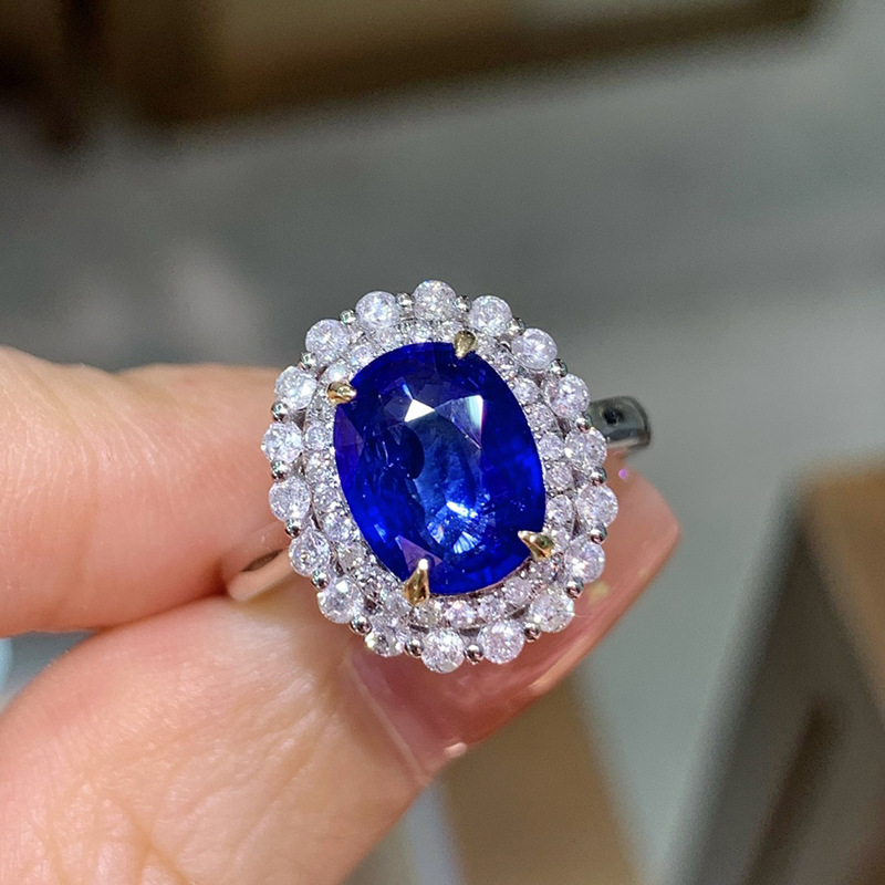18k金镶蓝宝石戒指 多戴 可当吊坠 镶钻 钻戒 女蛋形宝石戒指送礼