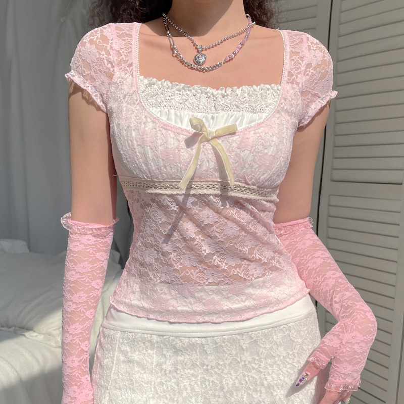 2022春新款欧美女装粉色甜美蕾丝拼接方领T恤蝴蝶结性感辣妹上衣