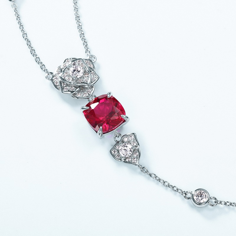 Europe and America Cross Border Artificial Rose Red Corundum Long Necklace Female S925 Silver Inlaid Colored Gems Necklace Affordable Luxury Fashion