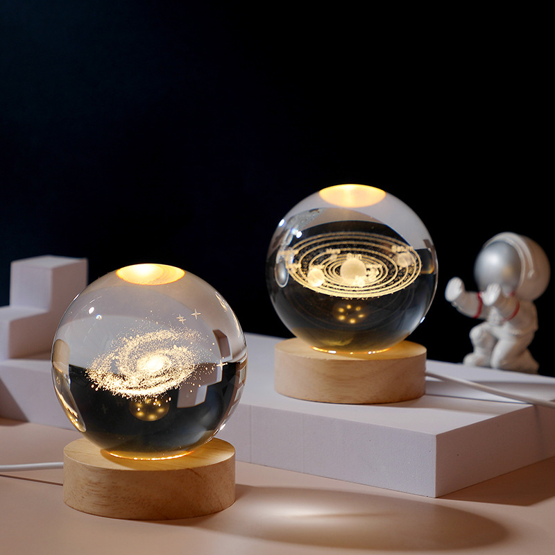 木质发光底座3d内雕水晶球小夜灯星系太阳系创意桌面摆件学生礼品
