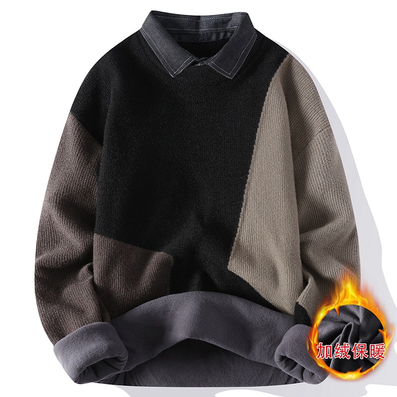 Sweater Men's 2023 New Men's round Neck Fleece-Lined Thickened Men's Sweater Fashionable Color Matching Bottoming Sweater
