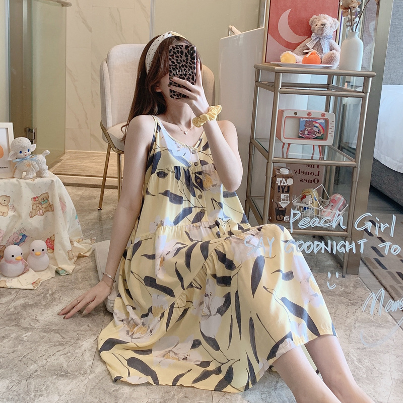 Women's Artificial Cotton Nightdress Summer Artificial Cotton Printed Sling Pajamas Pregnant Women Can Wear outside Summer plus Size Homewear