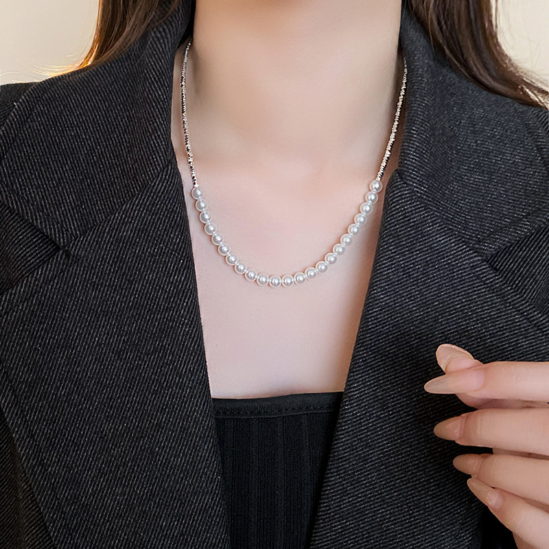 Korean Retro Silver Baroque Pearl Necklace Fashionable All-Match Clavicle Chain Light Luxury High Sense Necklace Wholesale Women