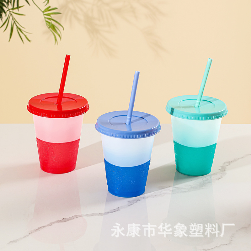 Cross-Border Hot Pp Temperature-Sensitive Plastic Color Changing Cup 16Oz Straw Cup Cold Color Changing Cycle Use Can Be Customized Logo