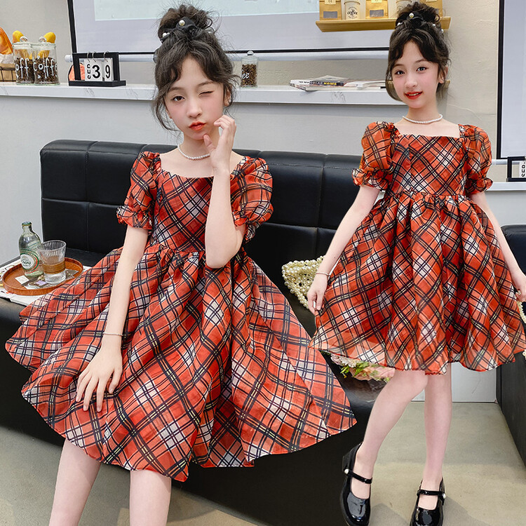 织里童装女童夏季女大童裙子英伦风泡泡袖格子连衣裙轻薄跨境代发