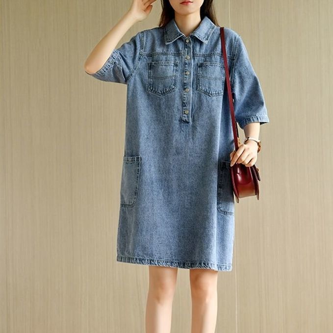 2022年夏款韩版牛仔连衣裙翻领排扣半门襟工装口袋宽松直筒衬衫裙